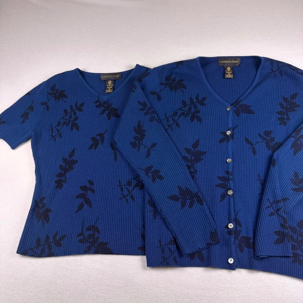 2 Pc Merino Wool Ribbed Botanical Cardigan Sweater Set Sz‎ S Office Work Preppy